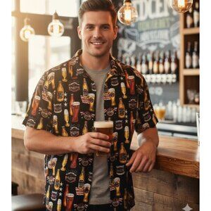 C&B Sport Camp Shirt Beer Themed  Button Front Short Sleeve Mens Size L